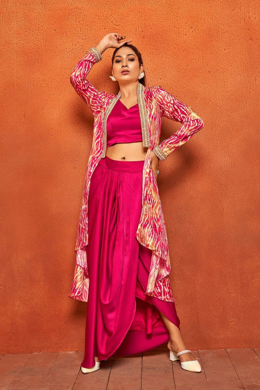 Jazzberry Pink Ethnic Print Dhoti Skirt Long Flared Shrug Co-ord Set