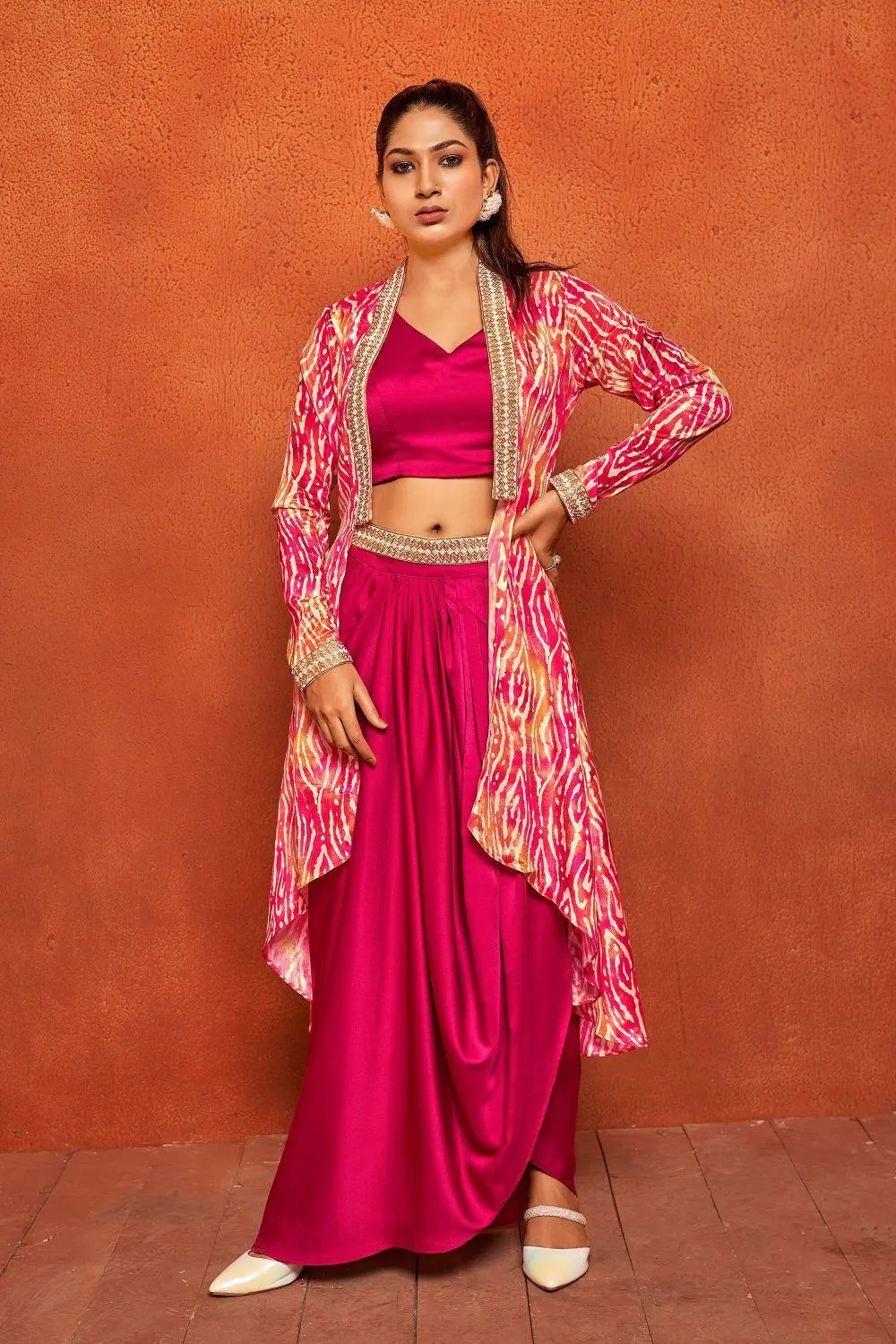 Jazzberry Pink Ethnic Print Dhoti Skirt Long Flared Shrug Co-ord Set