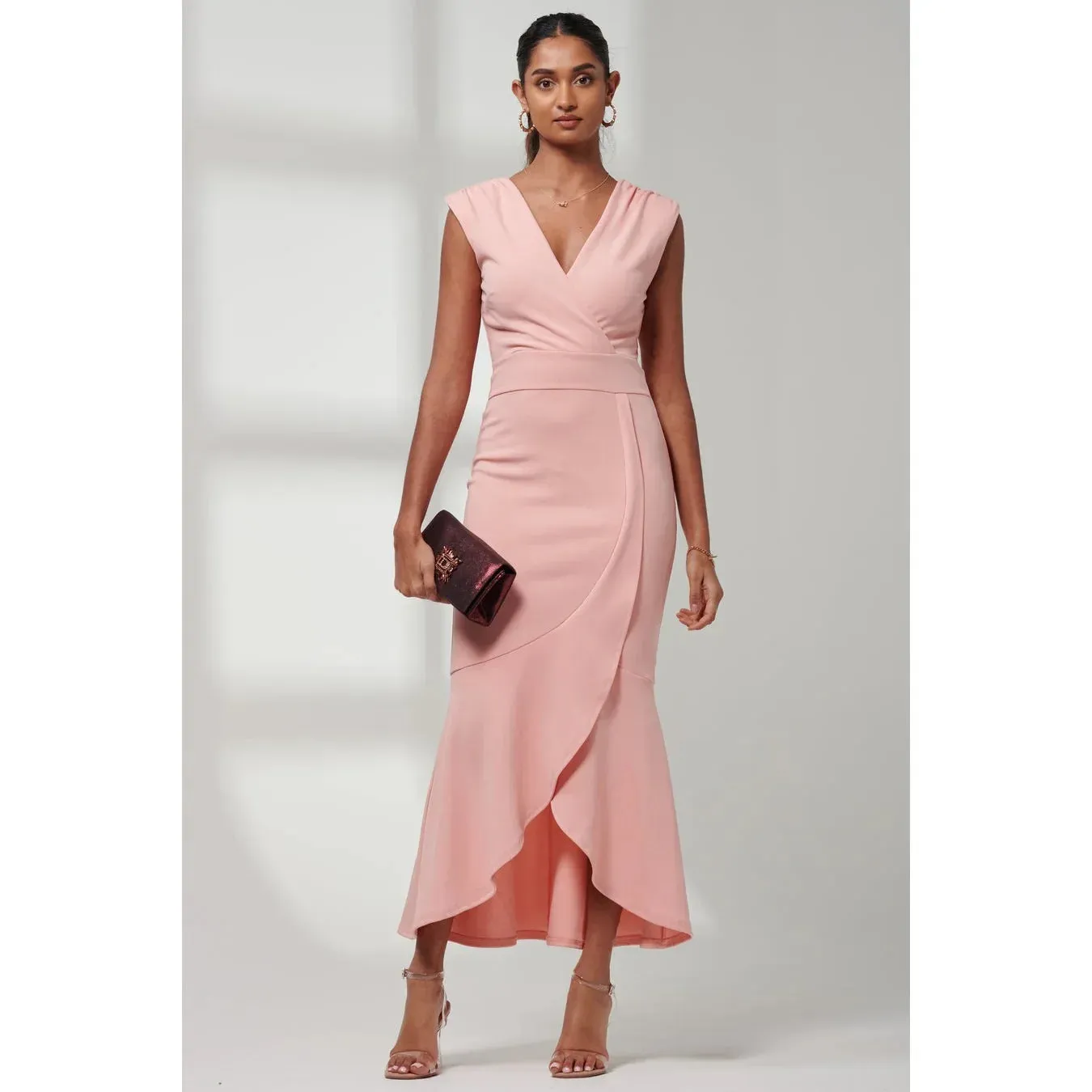 Jolie Moi Elegant Coral Pink Sleeveless Dress with V-Neck Wrap Top & Asymmetrical Frill Hemline