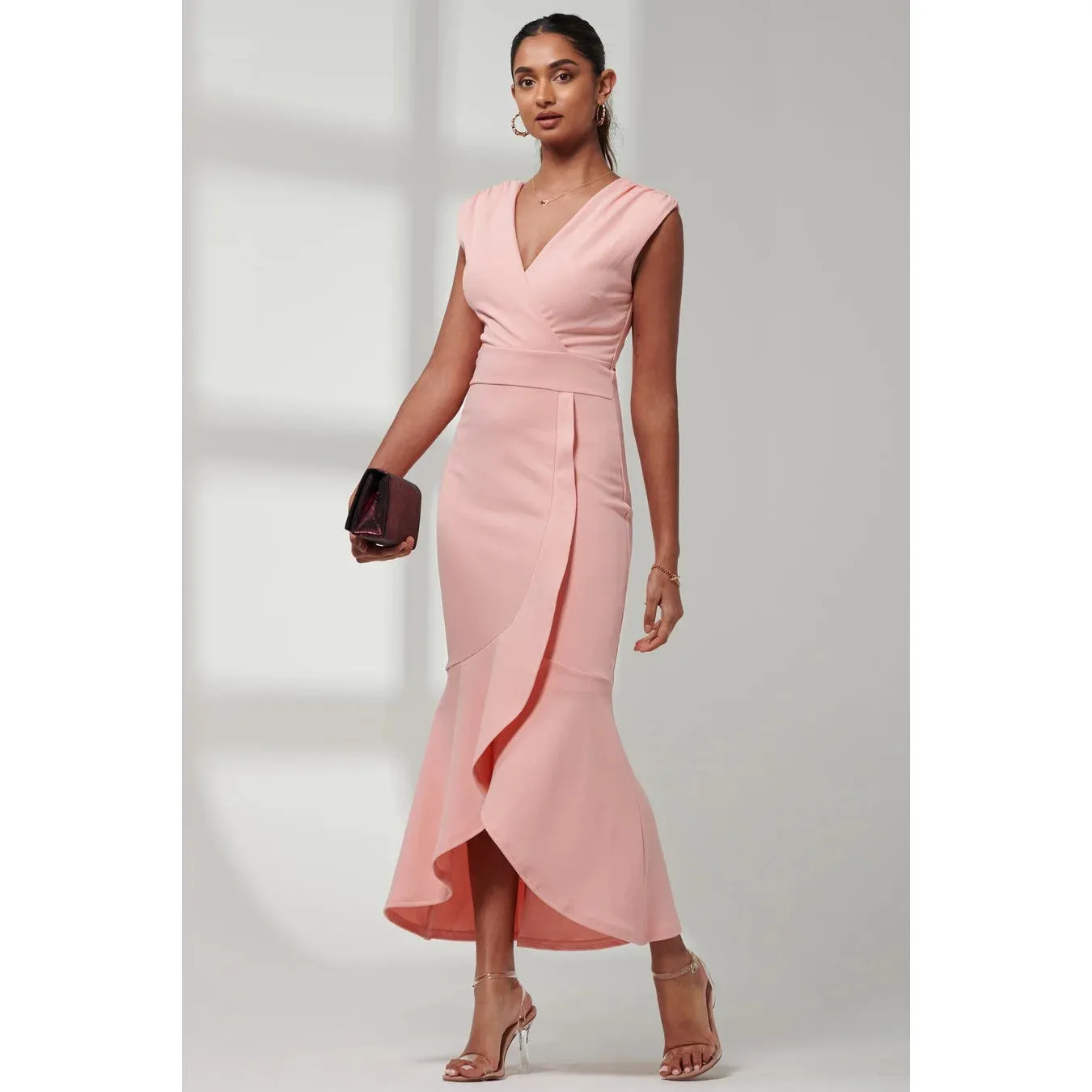 Jolie Moi Elegant Coral Pink Sleeveless Dress with V-Neck Wrap Top & Asymmetrical Frill Hemline