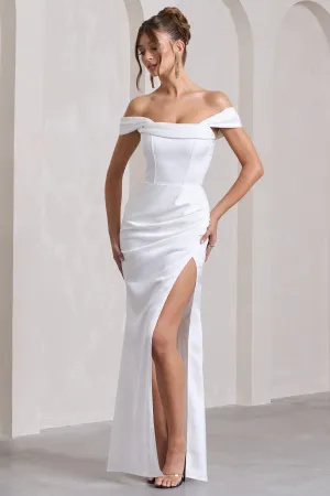 Kimberly | White Bardot Fishtail Satin Maxi Dress