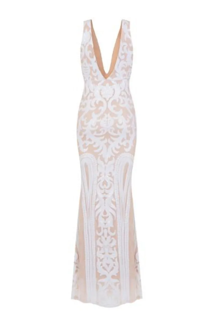 Lush Luxe White Nude Triple V Plunge Sequin Illusion Fishtail Maxi Dress