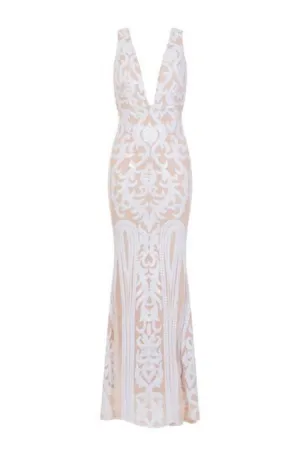 Lush Luxe White Nude Triple V Plunge Sequin Illusion Fishtail Maxi Dress