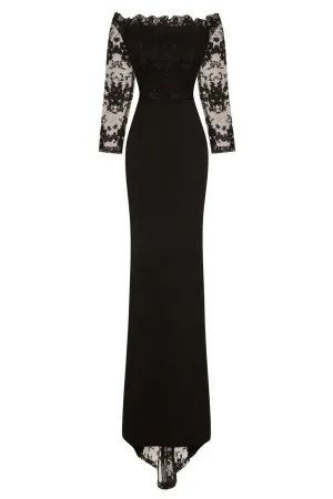 Meghan Black Off The Shoulder Bardot Lace Fishtail Maxi Dress