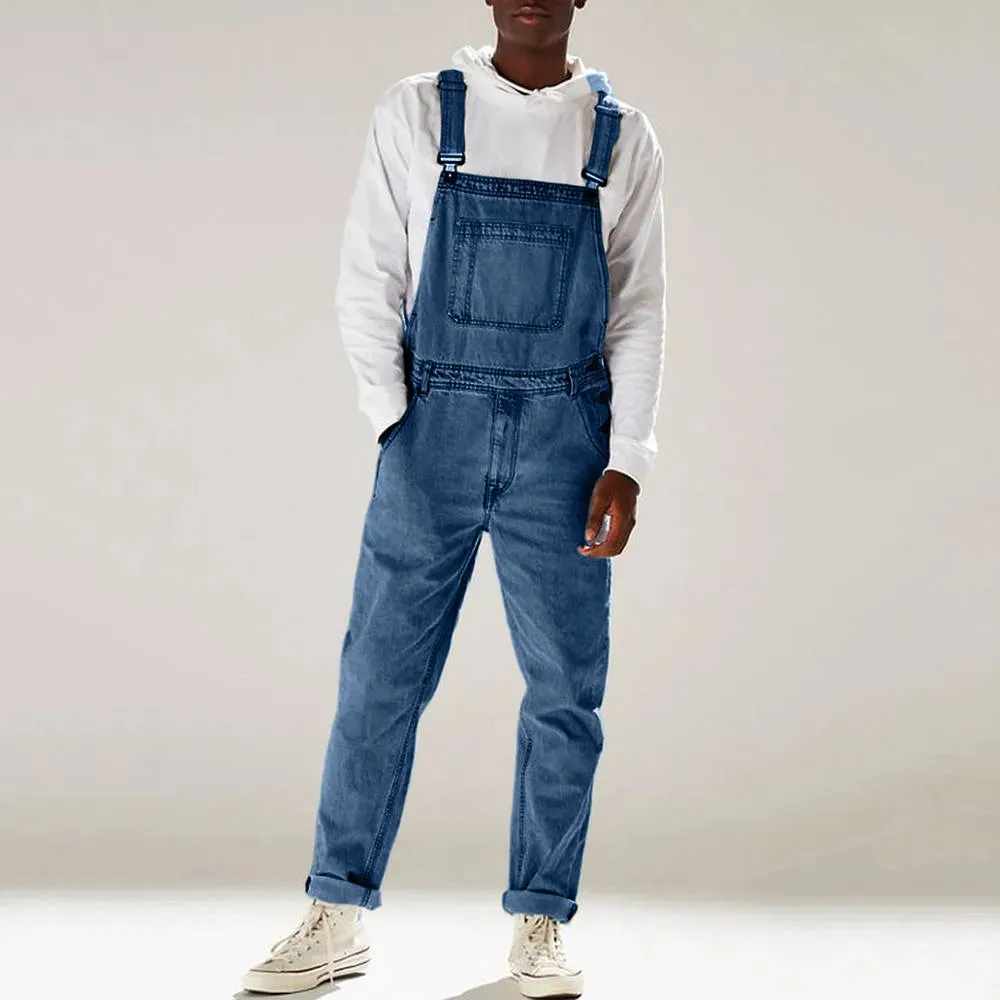 Men's Solid Color Multi-Pocket Denim Overalls