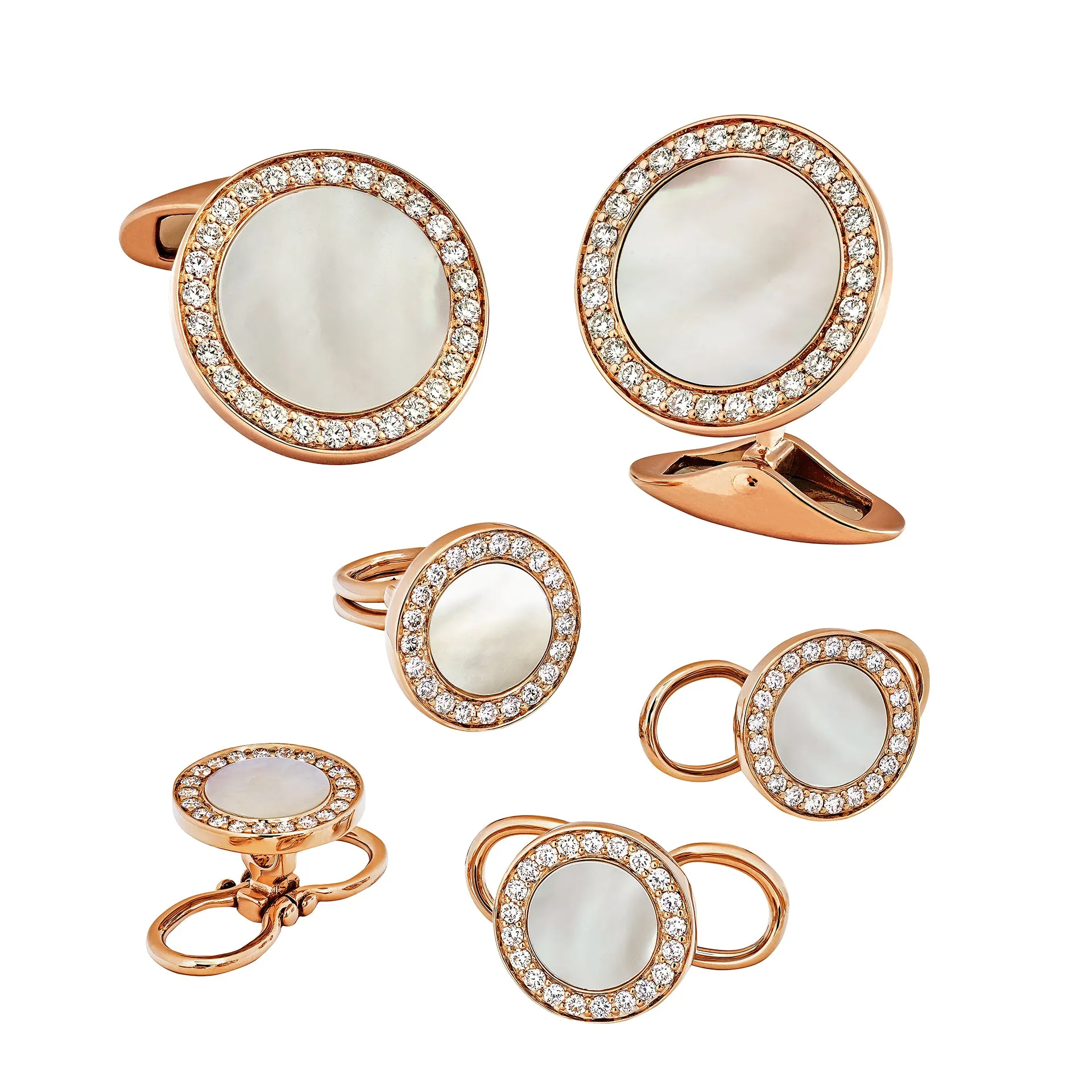 Mother of Pearl & Diamonds 18K Rose Gold Tuxedo Studs and Cufflinks Set