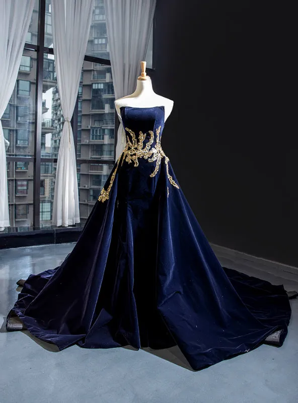 Navy Blue Velvet Strapless Backless Beading Prom Dress With Long Train