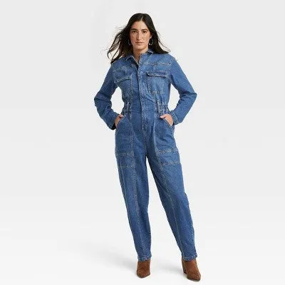 New - Women's Long Sleeve Denim Jumpsuit - Universal Thread Washed