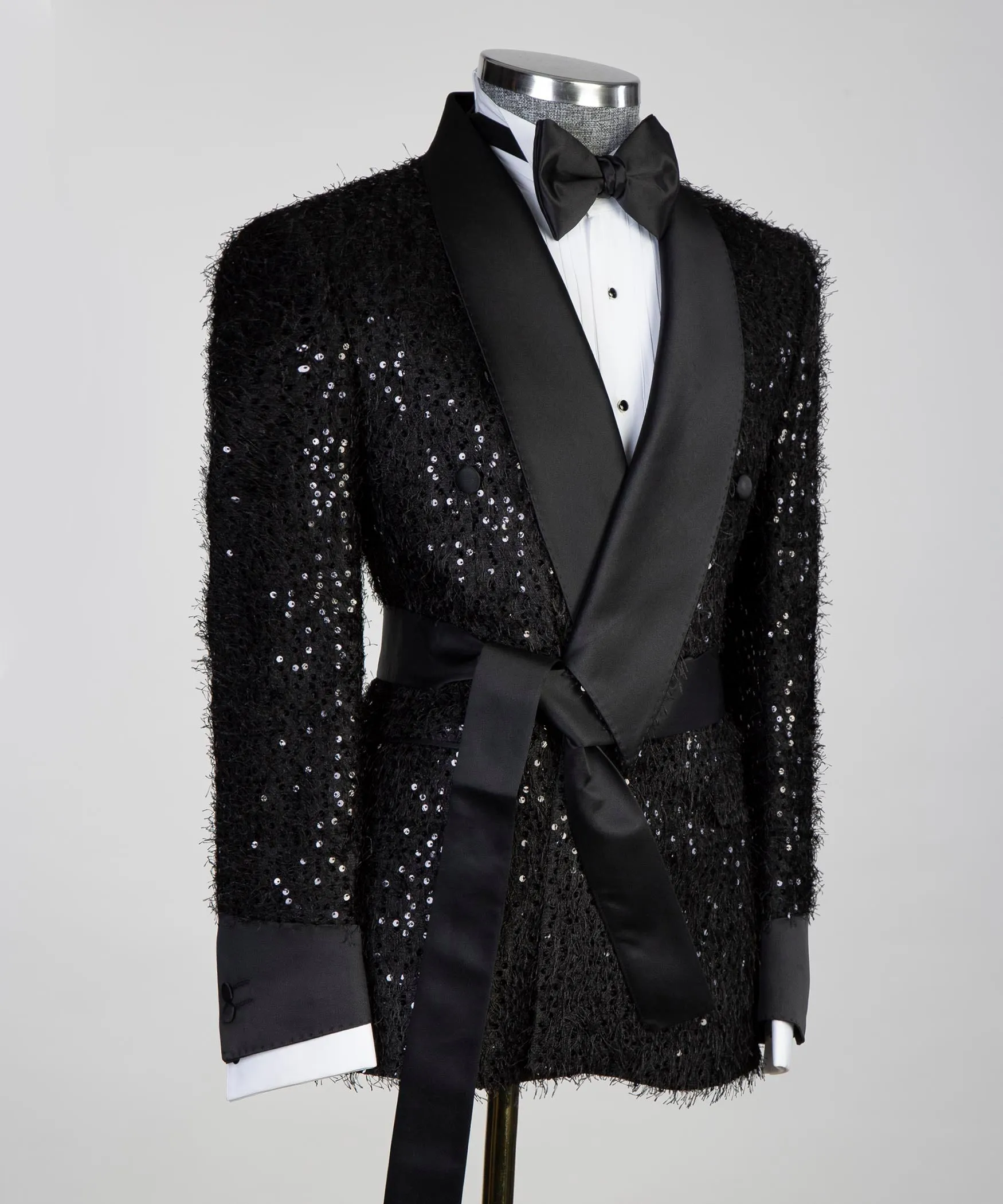 Party Wear Shining Black Belted Tuxedo