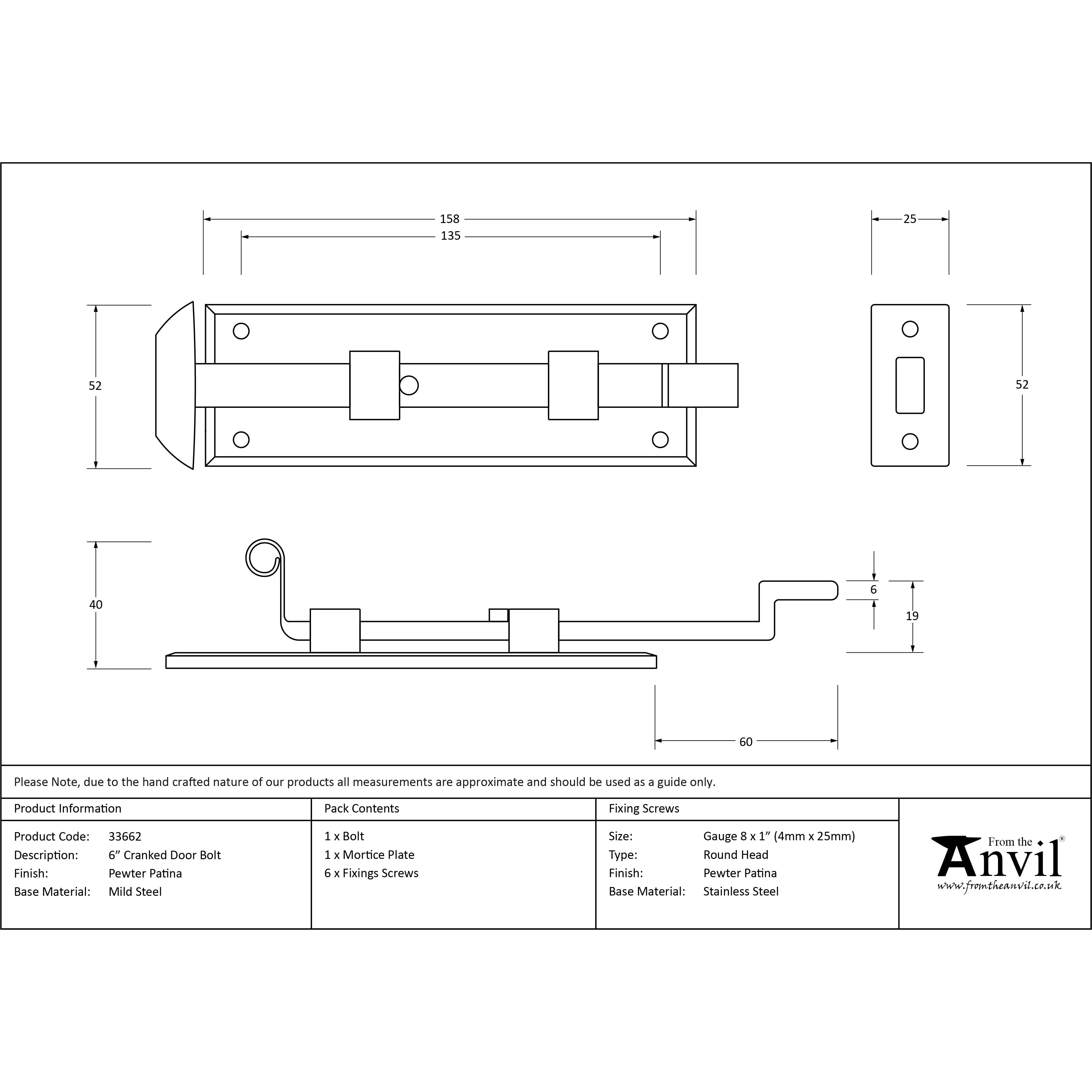 Pewter 6" Cranked Door Bolt | From The Anvil