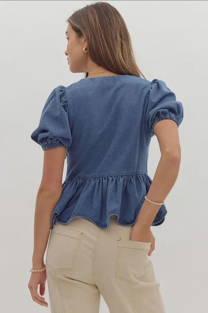 Puff Sleeve Peplum Top in Denim by Entro