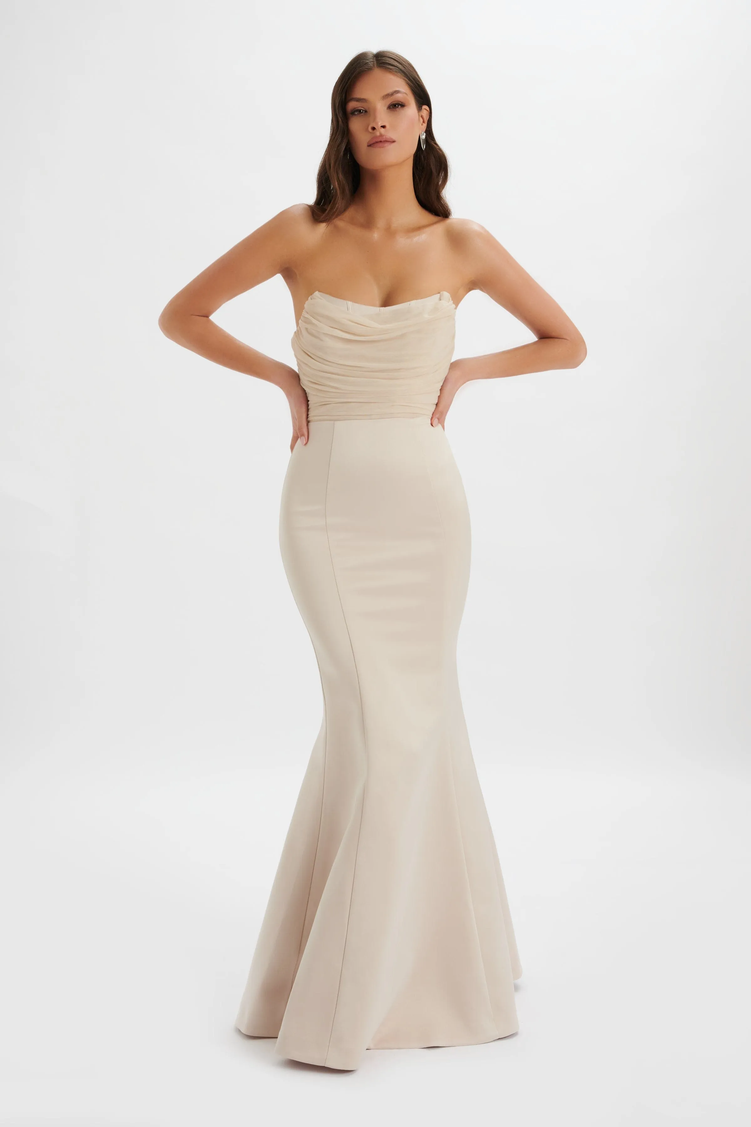 RENATA Bonded Satin Corset Maxi Dress In Champagne