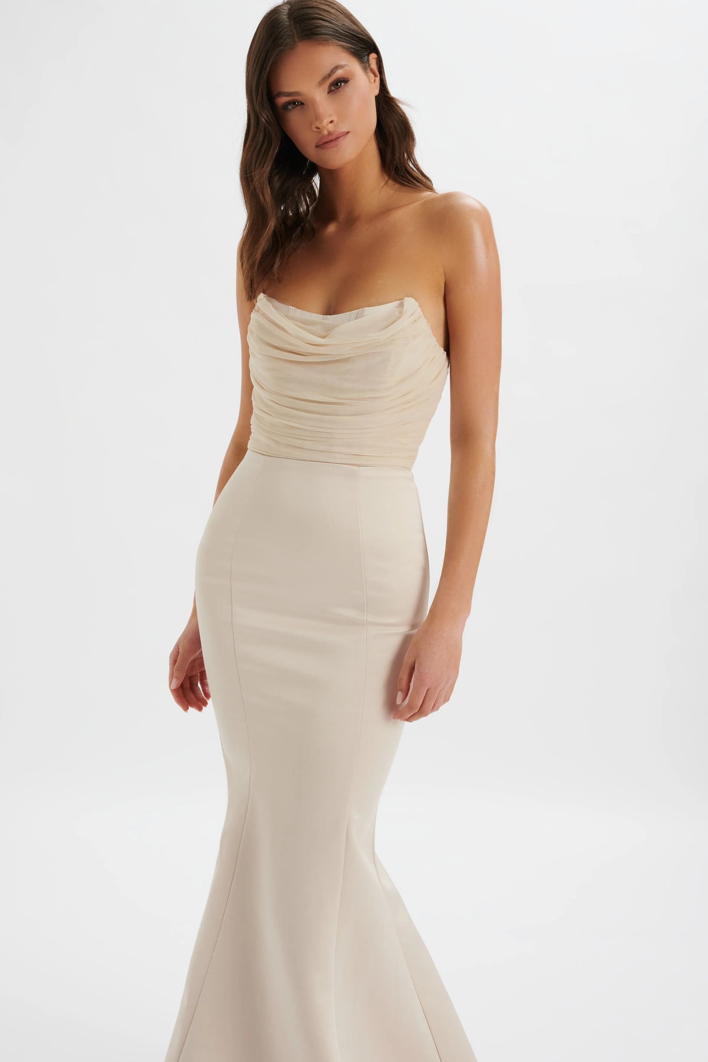 RENATA Bonded Satin Corset Maxi Dress In Champagne