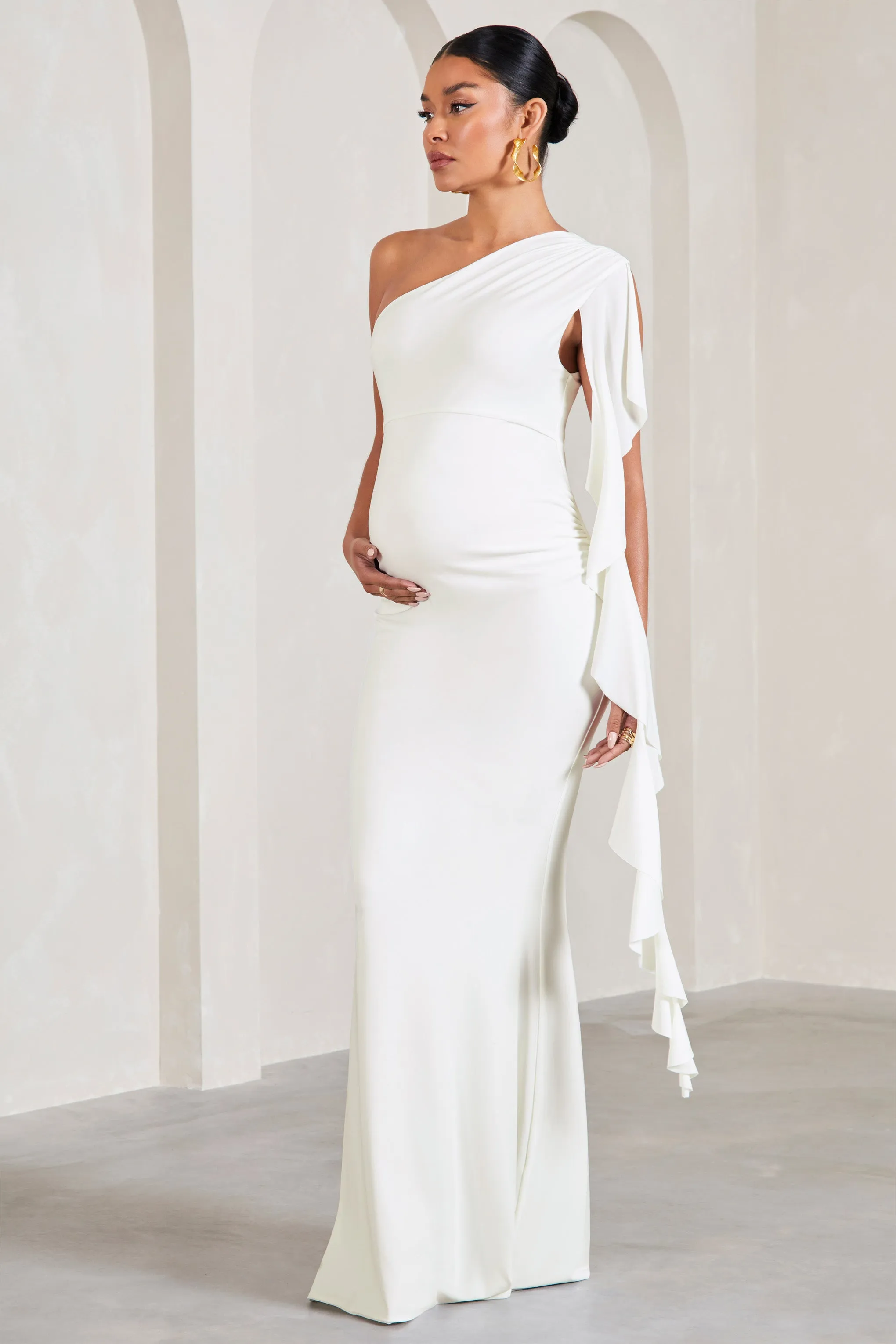 Rosalie | White One-Shoulder Maternity Maxi Dress With Ruffles