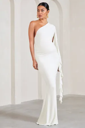 Rosalie | White One-Shoulder Maternity Maxi Dress With Ruffles