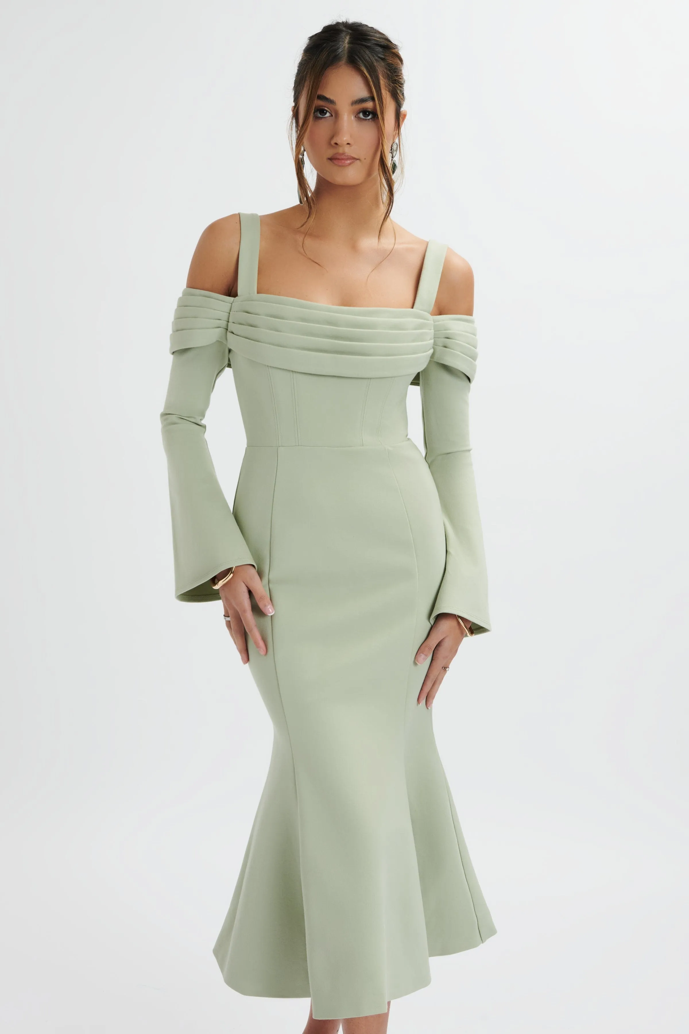 SIA Ponte Pleated Cowl Longline Midi Dress In Sage Green