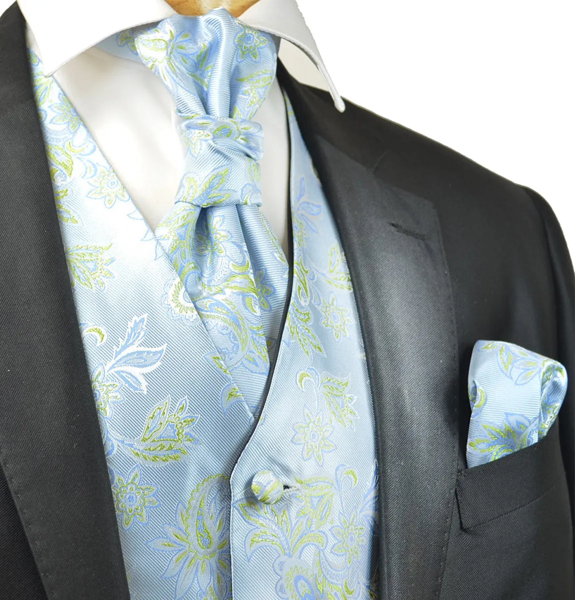 Sky Blue and Green Floral Tuxedo Vest Set