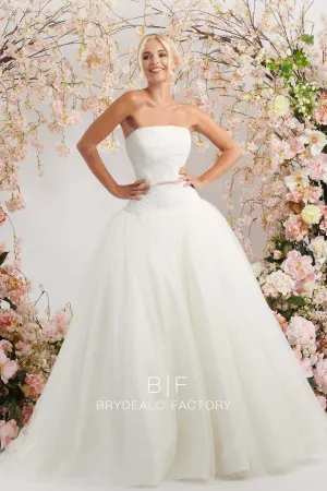 Strapless Straight Across Neck Lace Pleated Tulle Long Wedding Dress