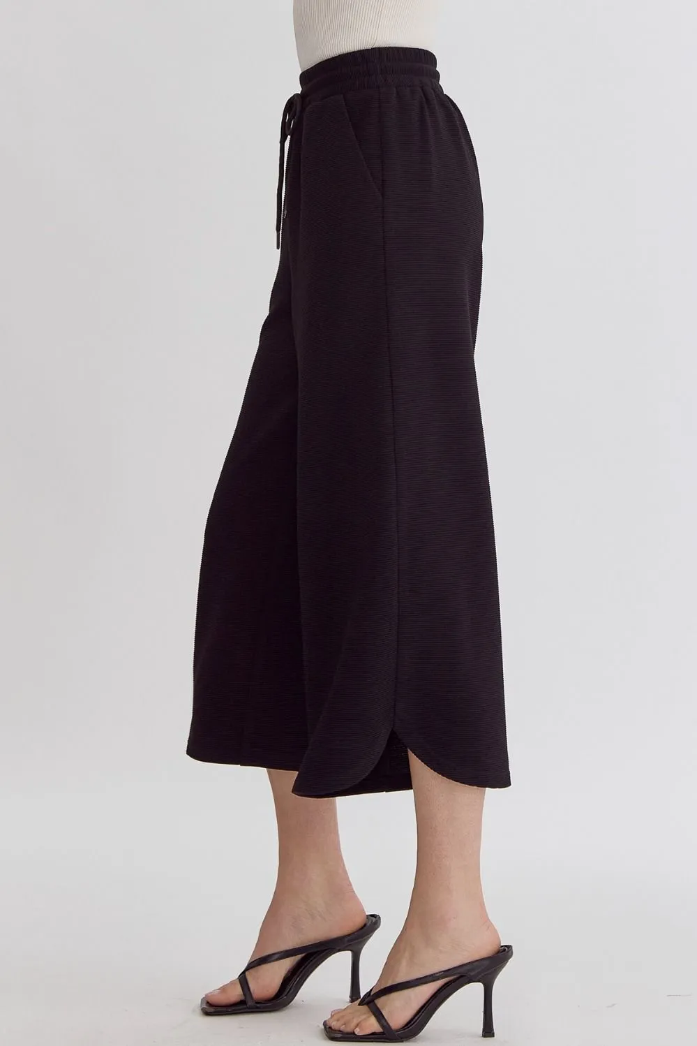 Textured High Waisted Wide Leg Pants With Ruffle Sleeve Top Set