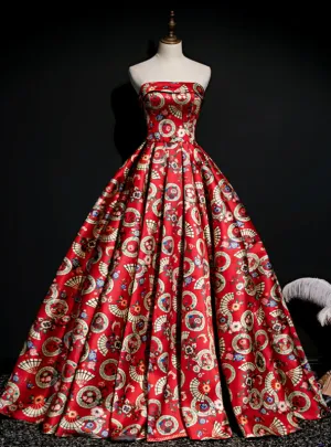 The Best Red Ball Gown Satin Strapless Print Pleats Quinceanera Dress With Train