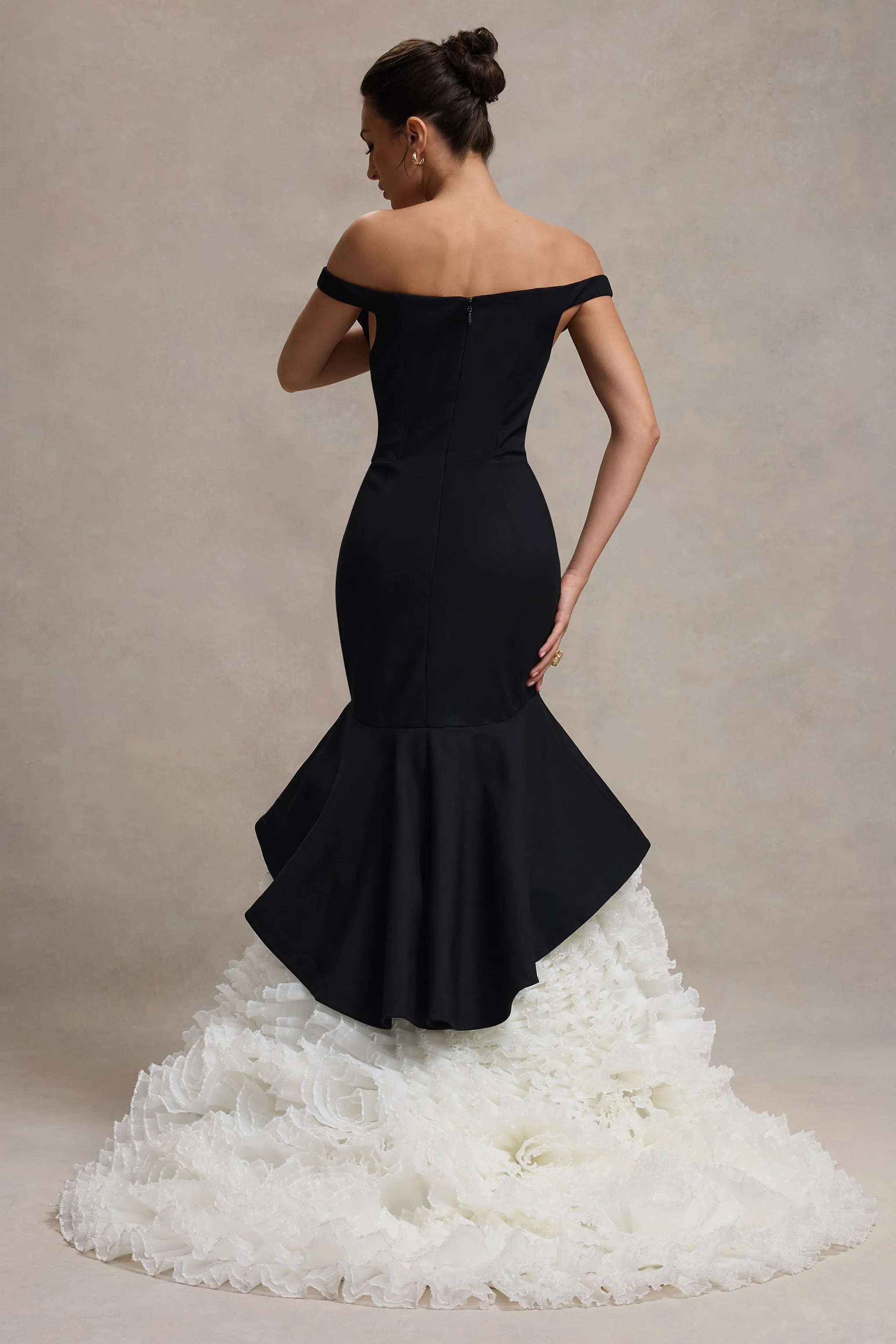 The Greatest | Black & Cream Bardot Maxi Dress With Tulle Skirt