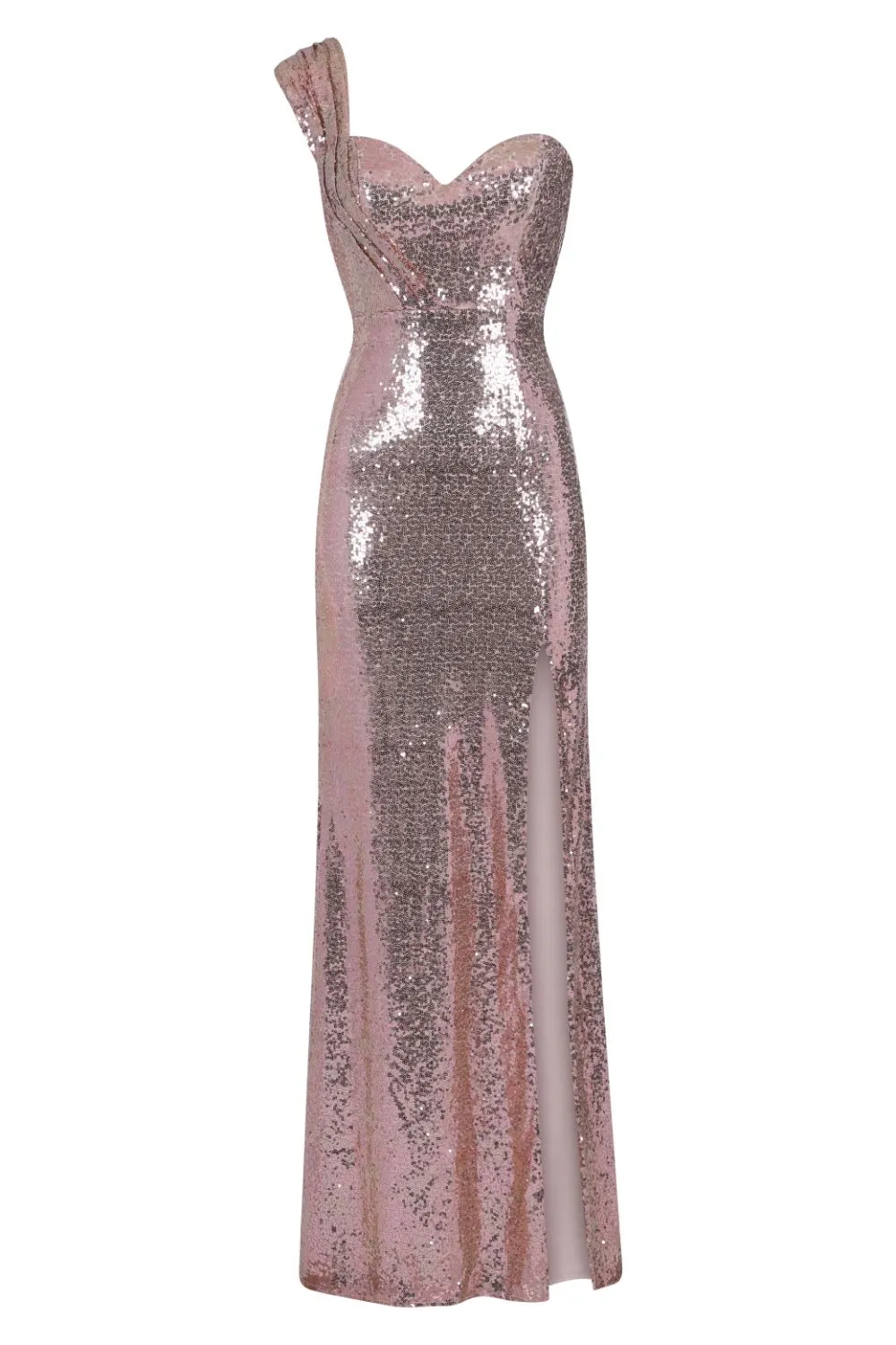 Twisted Love Rose Gold Sweetheart Sequin Slit Fishtail Maxi Dress