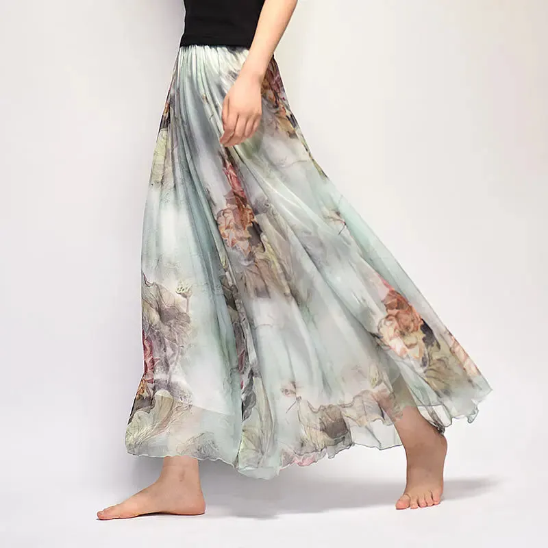 Vintage Bohemian Long Skirts Women Elegant Chiffon Saia Harajuku Beach High Waist Long Skirt Woman Clothes Faldas Tutu Vestidos