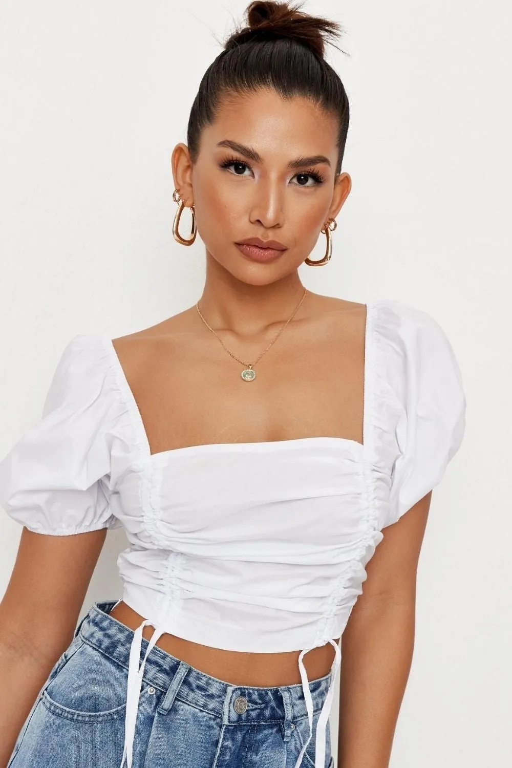 White Poplin Ruched Front Crop Top