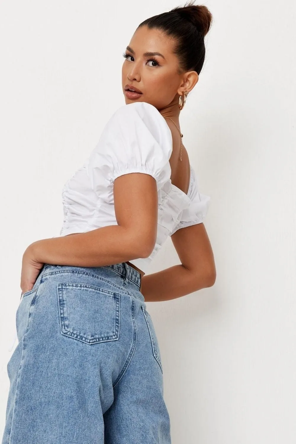 White Poplin Ruched Front Crop Top