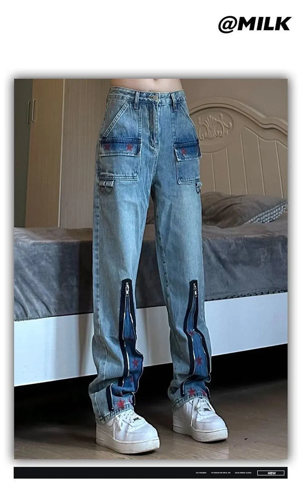 Wiaofellas  -  High waisted workwear jeans, women's high street star print patchwork loose and slimming wide leg pants