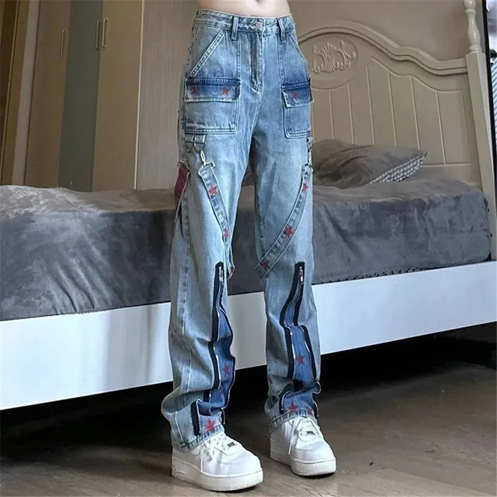 Wiaofellas  -  High waisted workwear jeans, women's high street star print patchwork loose and slimming wide leg pants