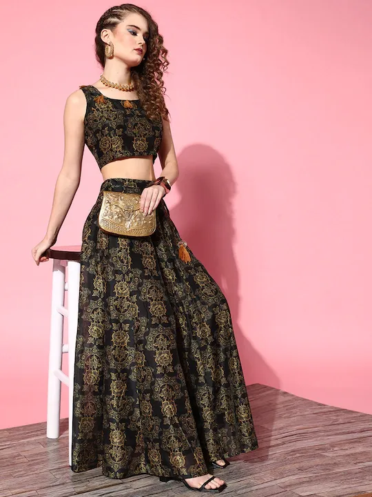 Women Black Chanderi Floral Anarkali Skirt