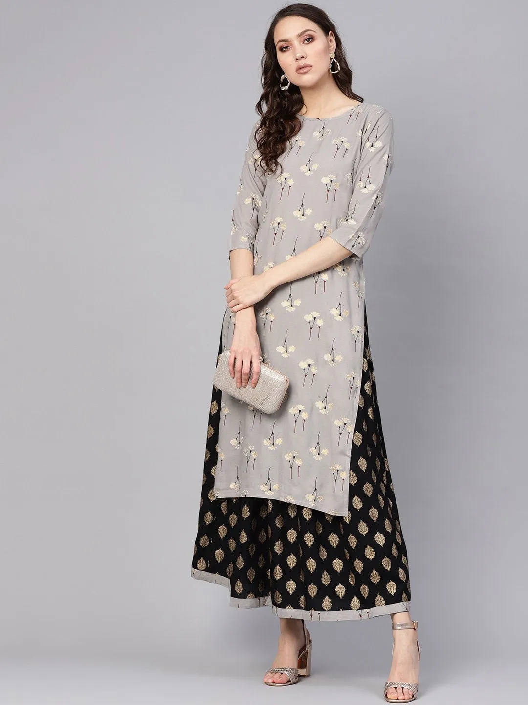 Women Charcoal Grey & Black Printed Kurta With Skirt