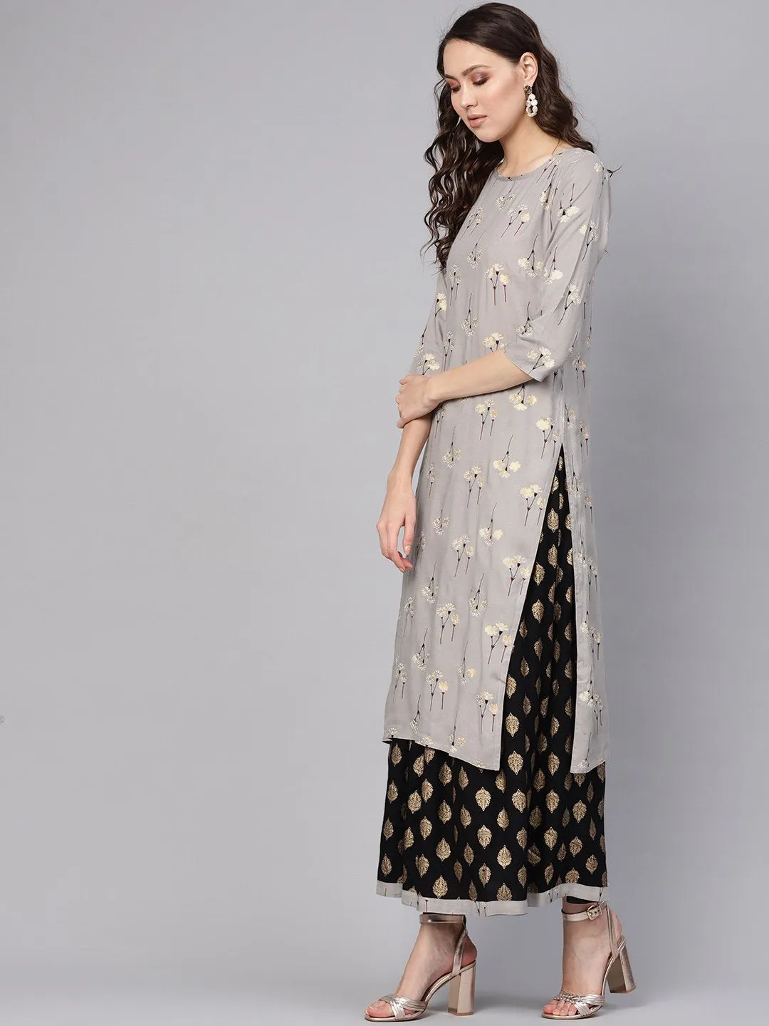 Women Charcoal Grey & Black Printed Kurta With Skirt