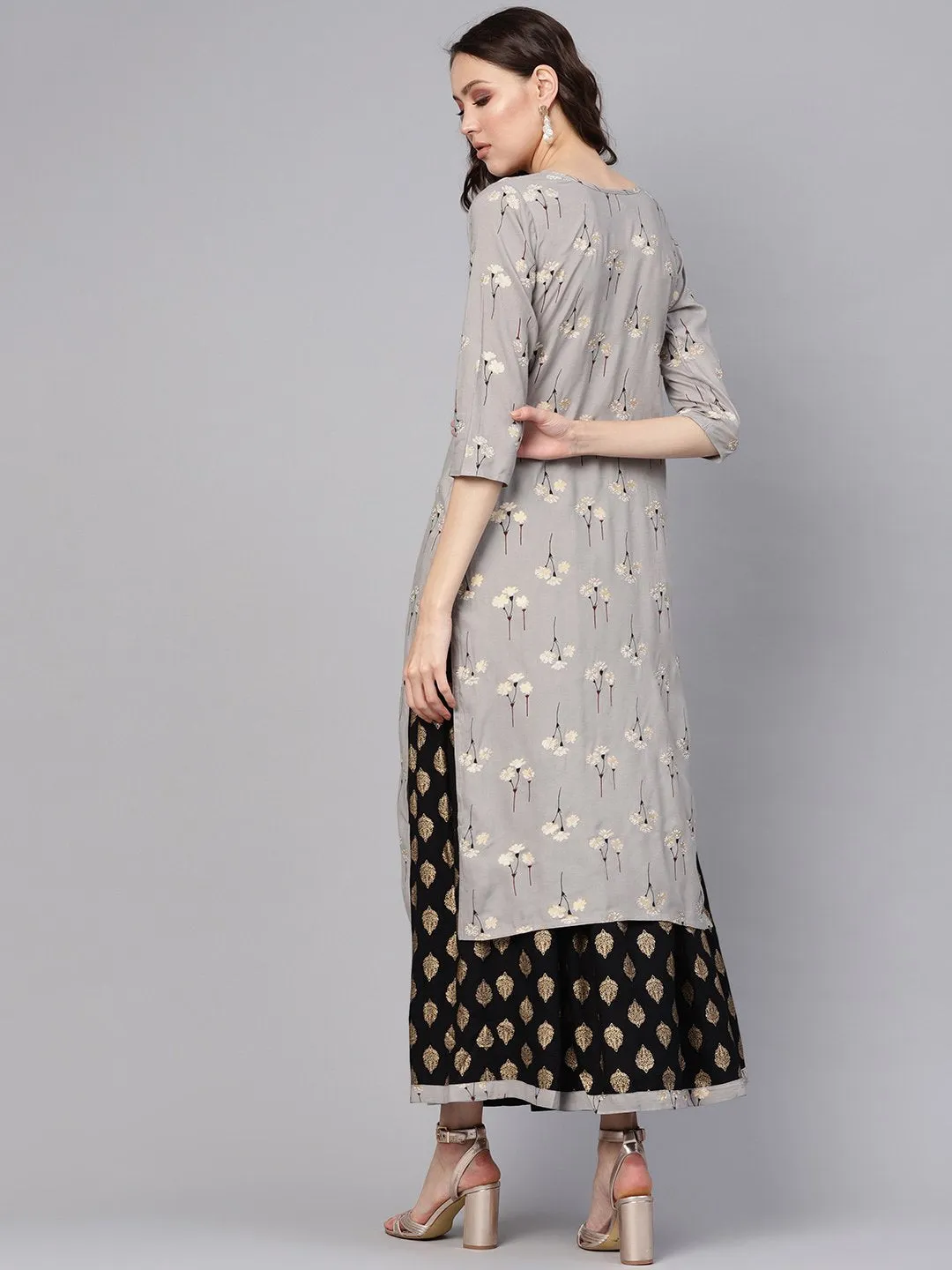 Women Charcoal Grey & Black Printed Kurta With Skirt