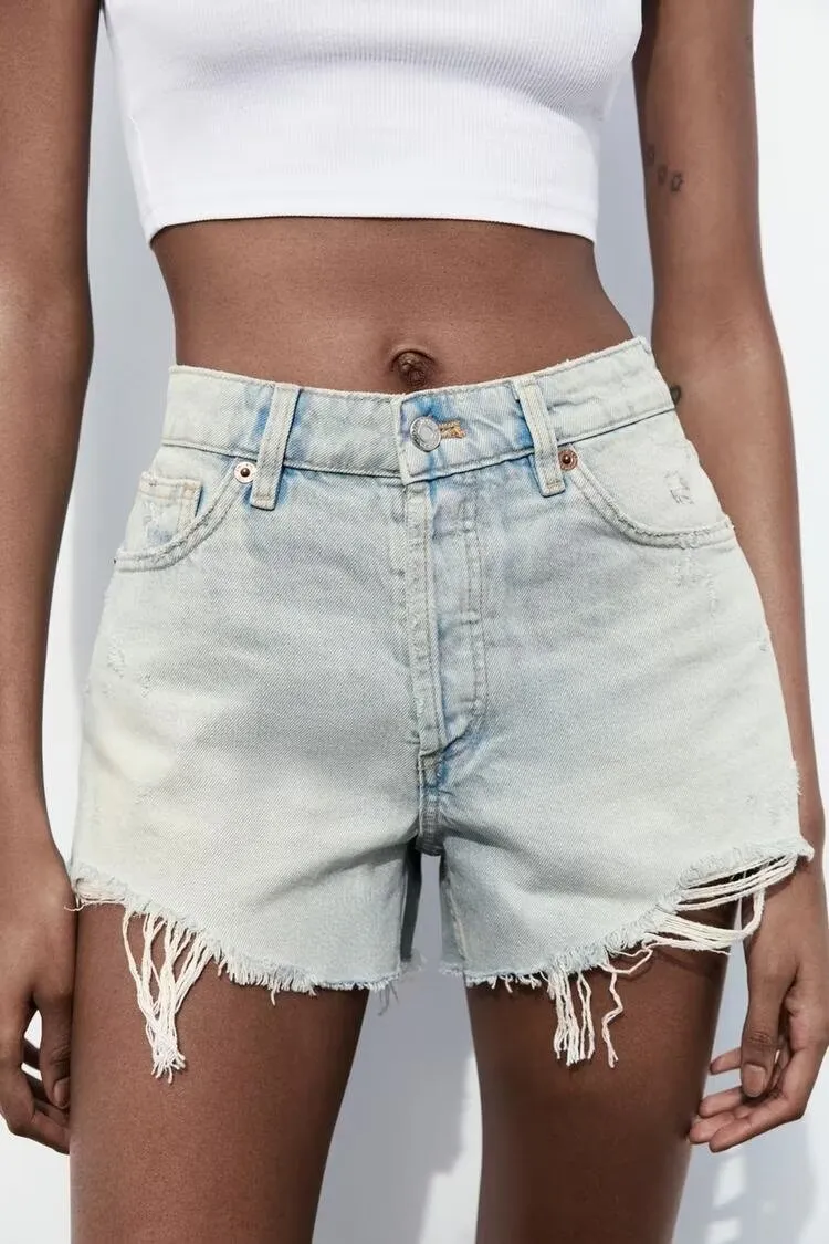 Women Clothing French Perforated Hole Decoration High Waist Casual Denim Shorts