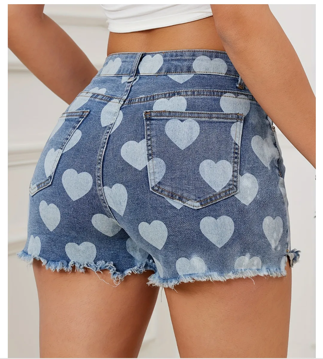 Women Heart Printing Denim Shorts Cute Casual Slimming Frayed Shorts