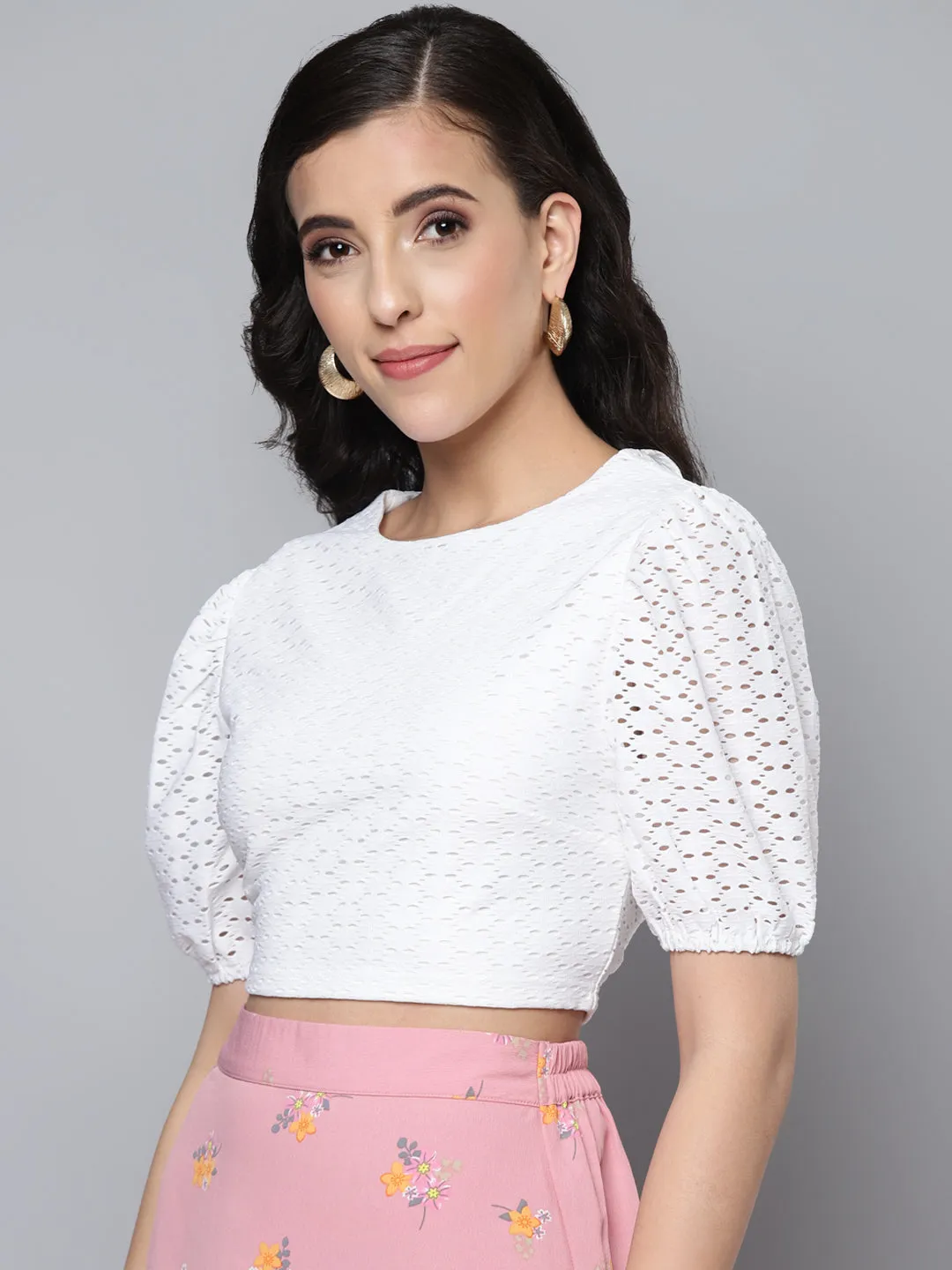 Women White Schiffli Puff Sleeves Crop Top