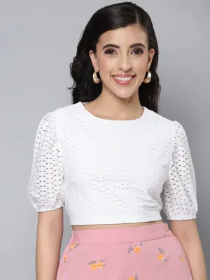 Women White Schiffli Puff Sleeves Crop Top