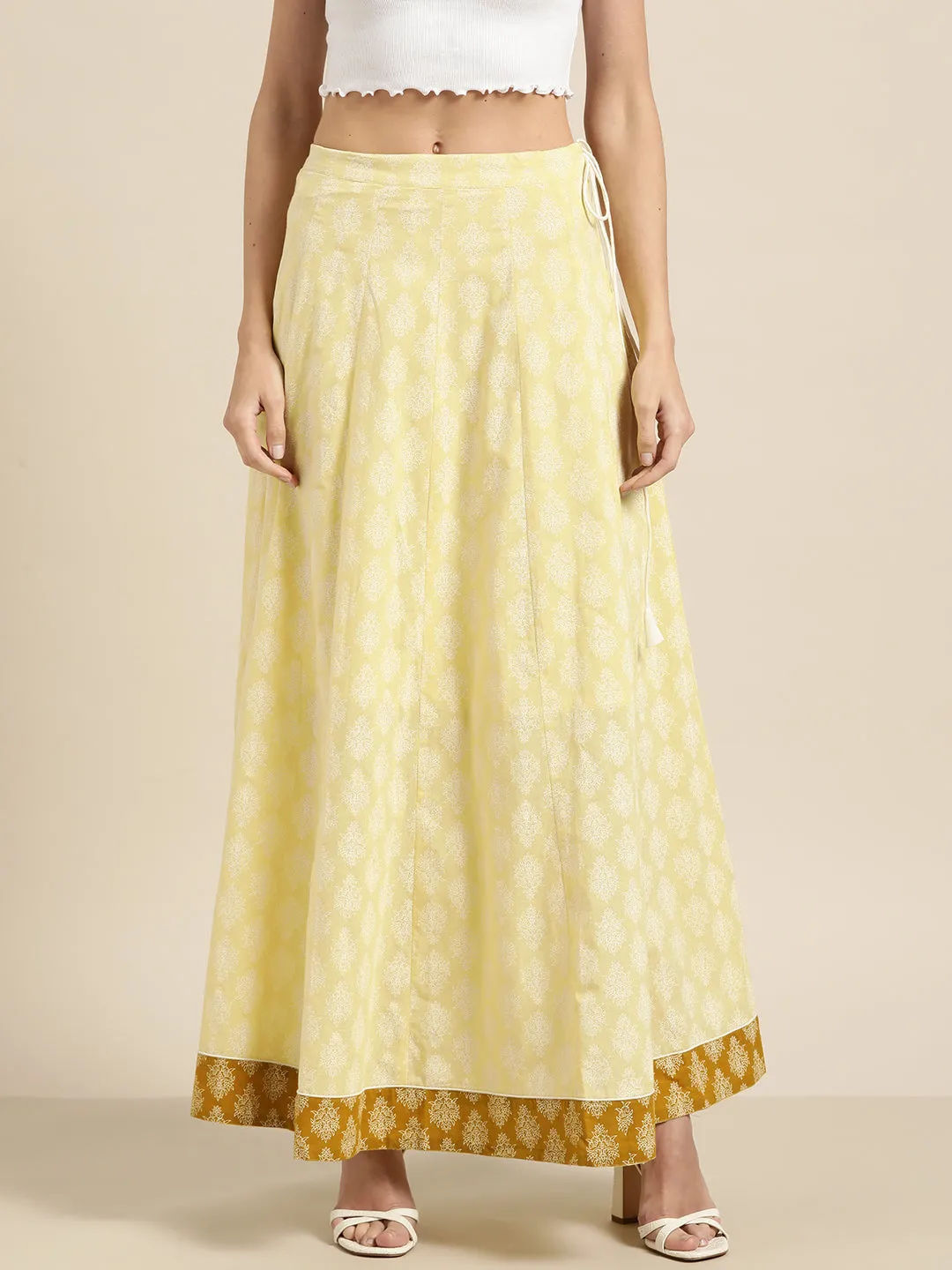 Women Yellow Floral Anarkali Skirt With Solid Border