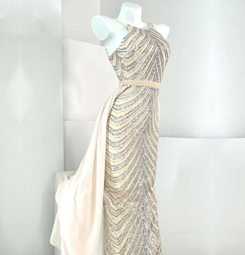 Women's Elegant Long Sequin Dress with Detachable Fishtail Scarf