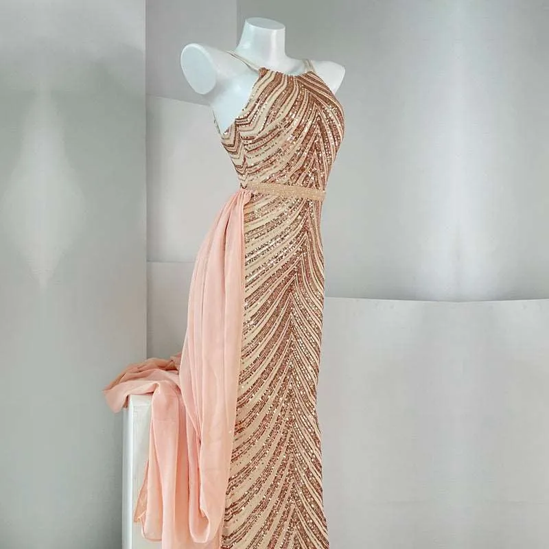 Women's Elegant Long Sequin Dress with Detachable Fishtail Scarf