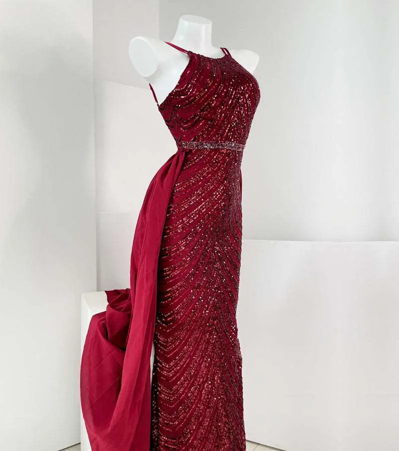 Women's Elegant Long Sequin Dress with Detachable Fishtail Scarf