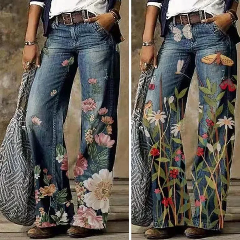 Women's Printed Wide Leg Denim Pants