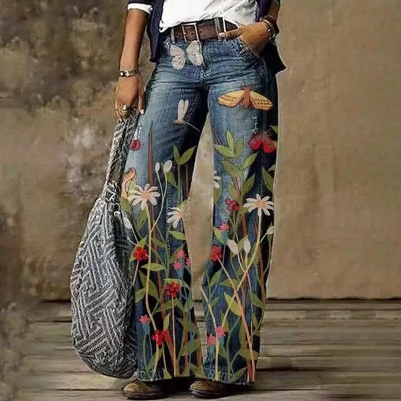 Women's Printed Wide Leg Denim Pants