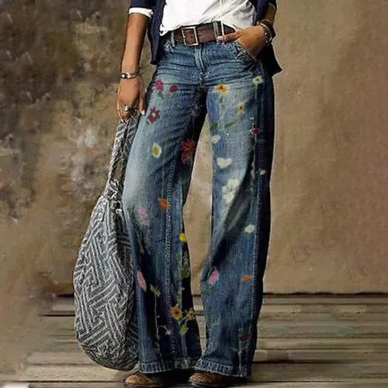 Women's Printed Wide Leg Denim Pants