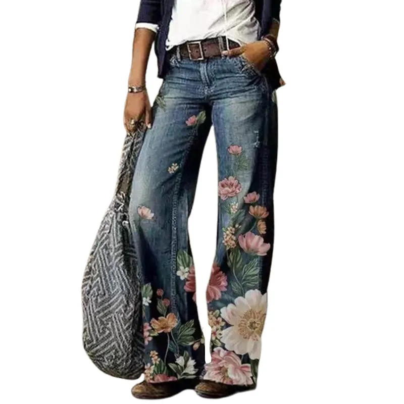 Women's Printed Wide Leg Denim Pants