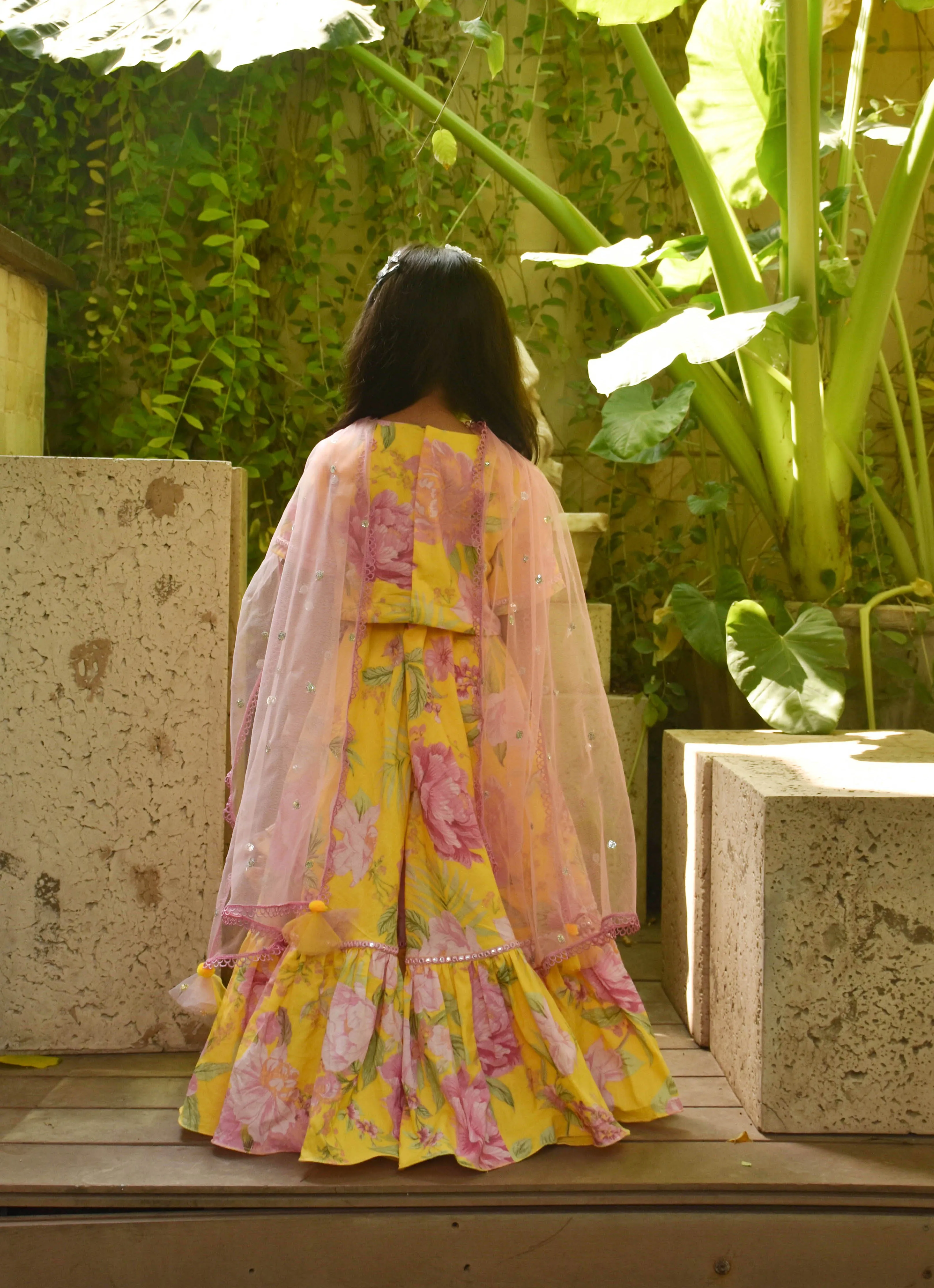 Yellow Floral Print Crop Top & Skirt With Dupatta Set