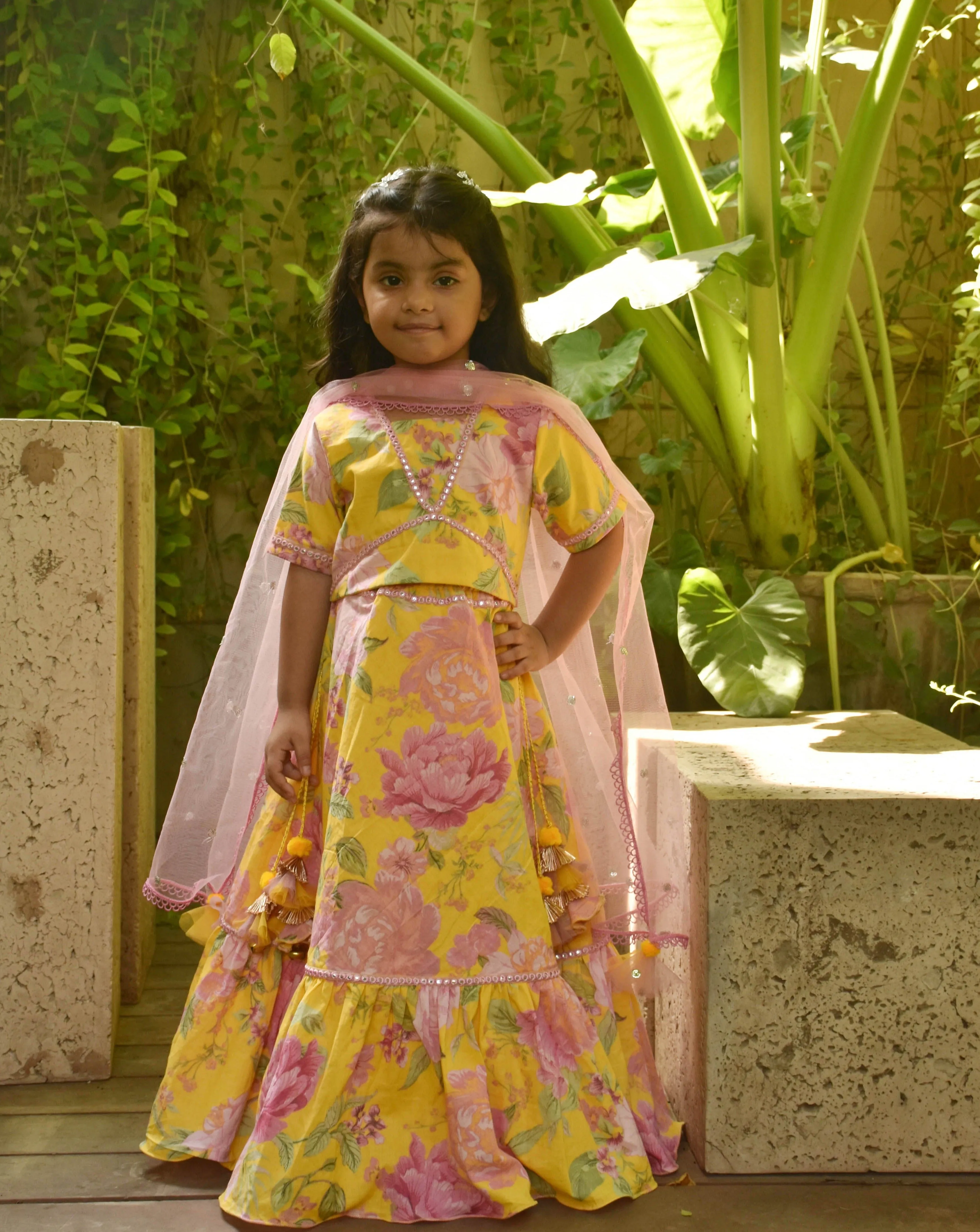 Yellow Floral Print Crop Top & Skirt With Dupatta Set