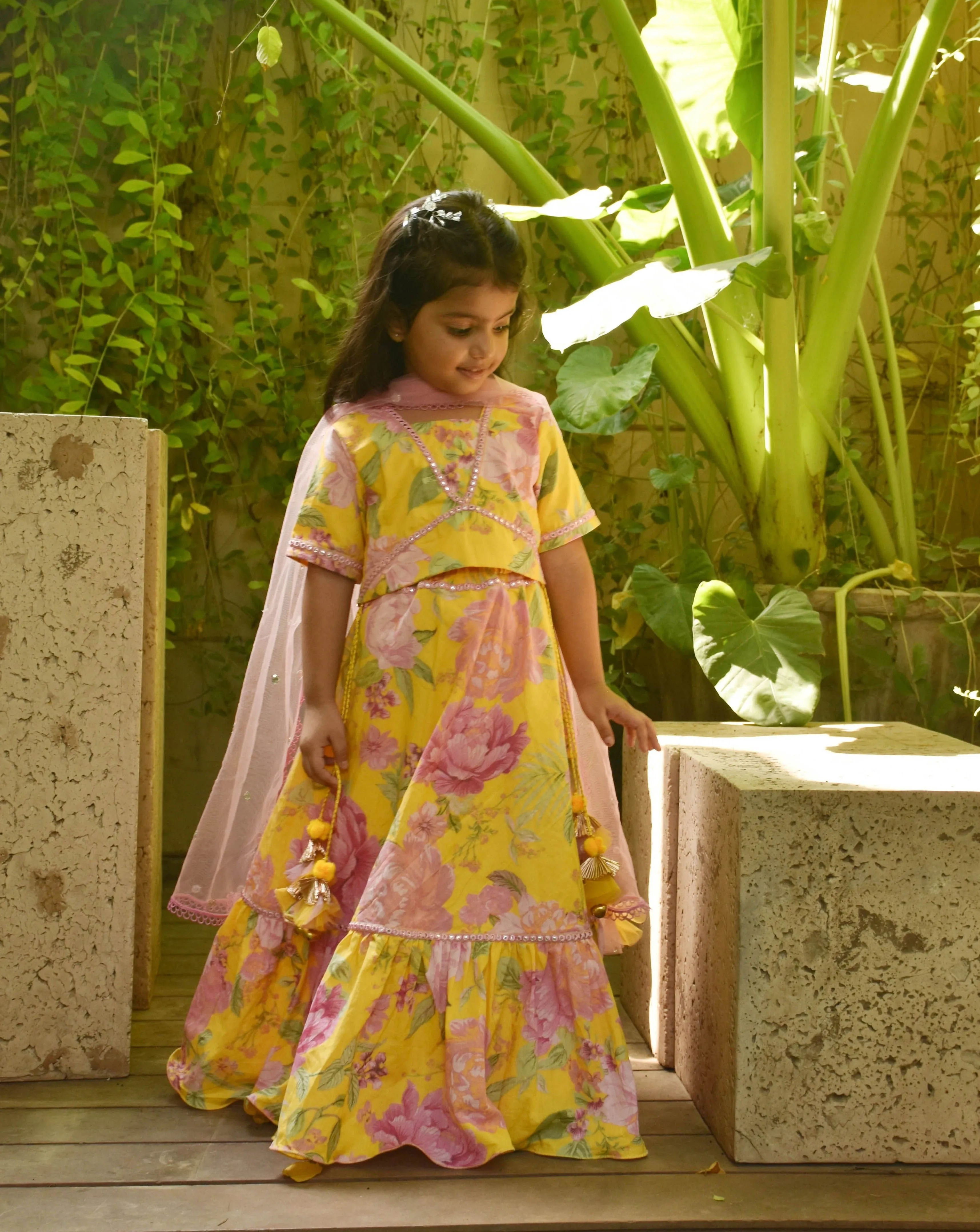 Yellow Floral Print Crop Top & Skirt With Dupatta Set